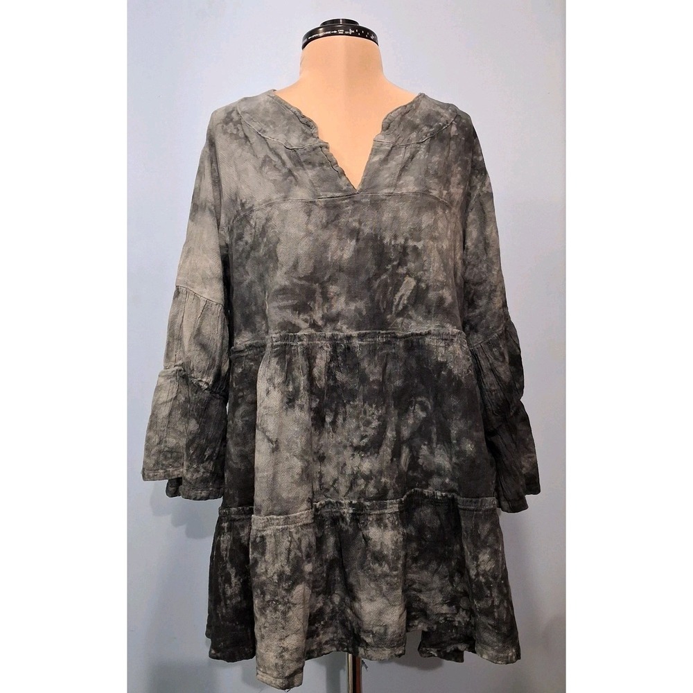 Oh My Gauze Peasant Top Size 1 Gray Tie Dye Cotton‎ Tiered 3/4 Bell Sleeve Boho